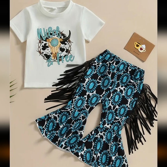Girls "Wild and free" 2 PC western fringe flare stretch pants & matching T-shirt - Picture 1 of 6